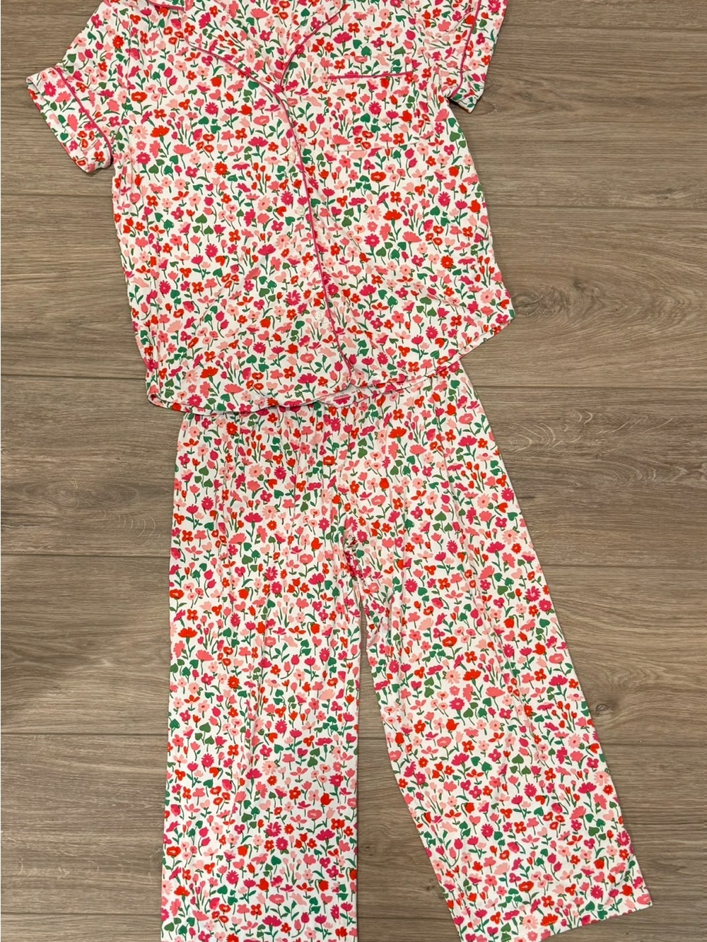 Kate Spade (Like New) Floral Two-Piece Cropped Pajama Set - Pink, Red & Green